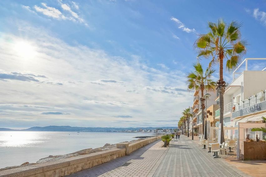 Soleado paseo marítimo de Jávea con pavimento, muro de piedra y palmeras. Edificios con terrazas frente al mar reflectante y la costa lejana bajo un cielo claro. Soleado paseo marítimo de Jávea con pavimento, muro de piedra y palmeras. Edificios con terrazas frente al mar reflectante y la costa lejana bajo un cielo claro.