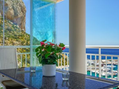 Terraza con mesa de granito, planta con flores y paneles de cristal, ofreciendo vistas a la montaña rocosa y al puerto deportivo.