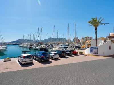 Vista del puerto deportivo de Calpe con numerosos veleros, coches aparcados y edificios costeros bajo un cielo azul, enmarcado por una palmera.