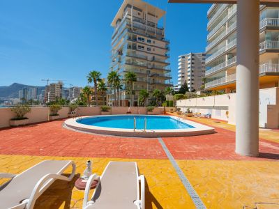 Zona de piscina comunitaria con agua azul cristalina, tumbonas y pavimento bicolor, enmarcada por edificios modernos y palmeras bajo un cielo despejado.