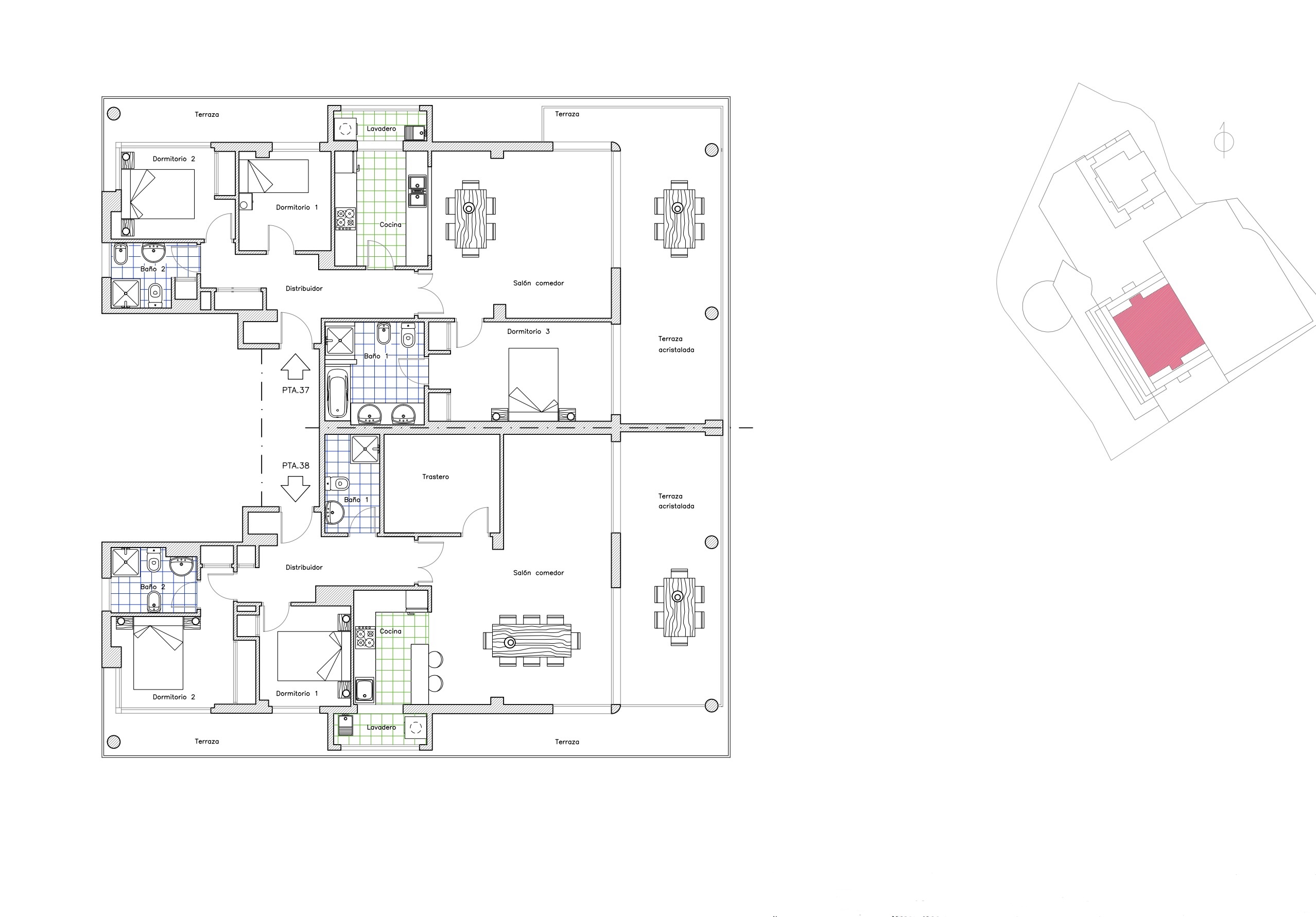 Plano de dos áticos contiguos en una planta completa, ofreciendo la posibilidad de crear una gran residencia de lujo con múltiples dormitorios, baños y extensas terrazas.
