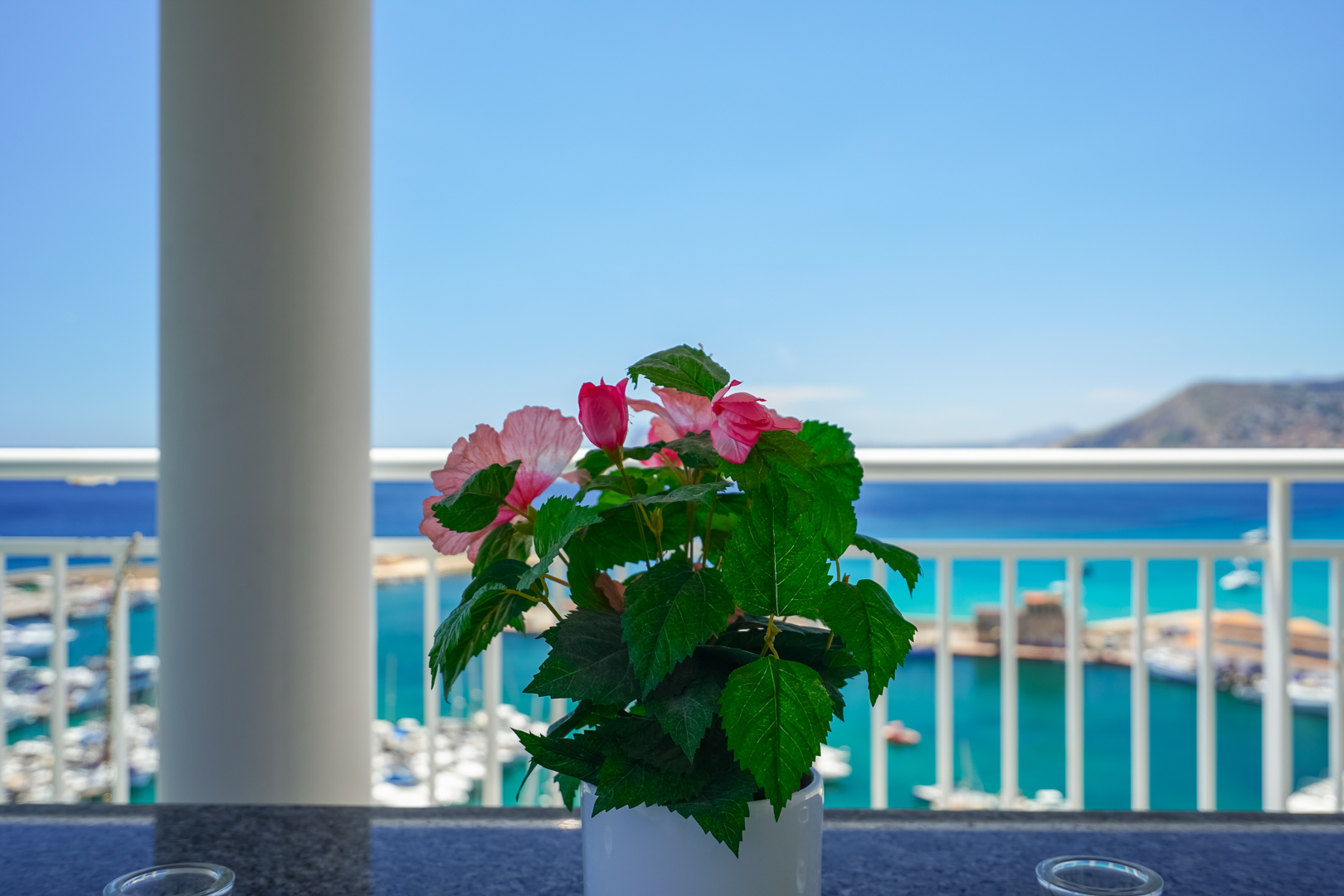 Planta floral en terraza con barandilla blanca, ofreciendo vistas panorámicas al puerto deportivo, el mar Mediterráneo y las montañas lejanas bajo un cielo despejado.
