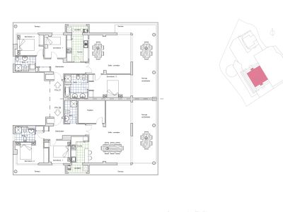 Plano de dos áticos contiguos en una planta completa, ofreciendo la posibilidad de crear una gran residencia de lujo con múltiples dormitorios, baños y extensas terrazas.