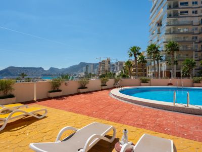 Soleada zona de piscina comunitaria con pavimento bicolor y tumbonas, enmarcada por palmeras y un edificio moderno, con vistas lejanas al mar y la montaña.