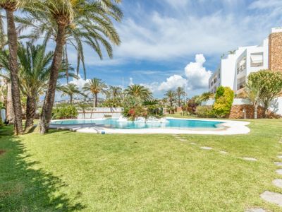 Amplia piscina comunitaria con isla ajardinada integrada, rodeada de césped impecable y palmeras maduras. El edificio residencial blanco con detalles de piedra se vislumbra bajo un cielo azul.
