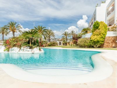 Amplia piscina comunitaria de diseño curvo con escalones de mosaico blanco y azul, realzada por una isla central con vegetación exuberante y palmeras.