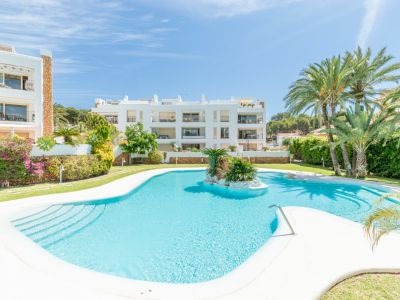 Amplia piscina comunitaria de forma libre con isla rocosa central y escaleras de acceso, rodeada de césped, palmeras y edificios residenciales blancos bajo un cielo azul.