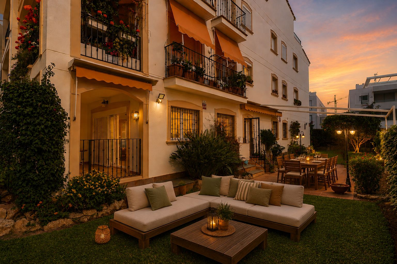 Acogedor jardín privado con zona de estar moderna y comedor exterior en terraza, bajo pérgola, iluminado al atardecer con un cielo vibrante.