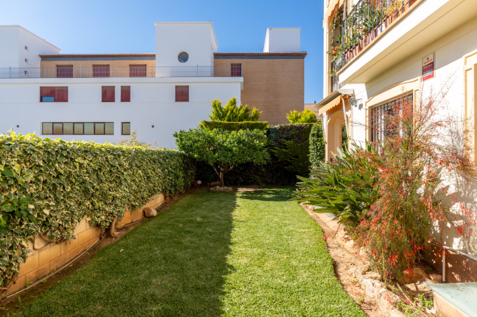 Jardín privado con césped bien cuidado, rodeado de exuberante vegetación y un pequeño árbol frutal. Se aprecian edificios modernos al fondo y una fachada con toldo.