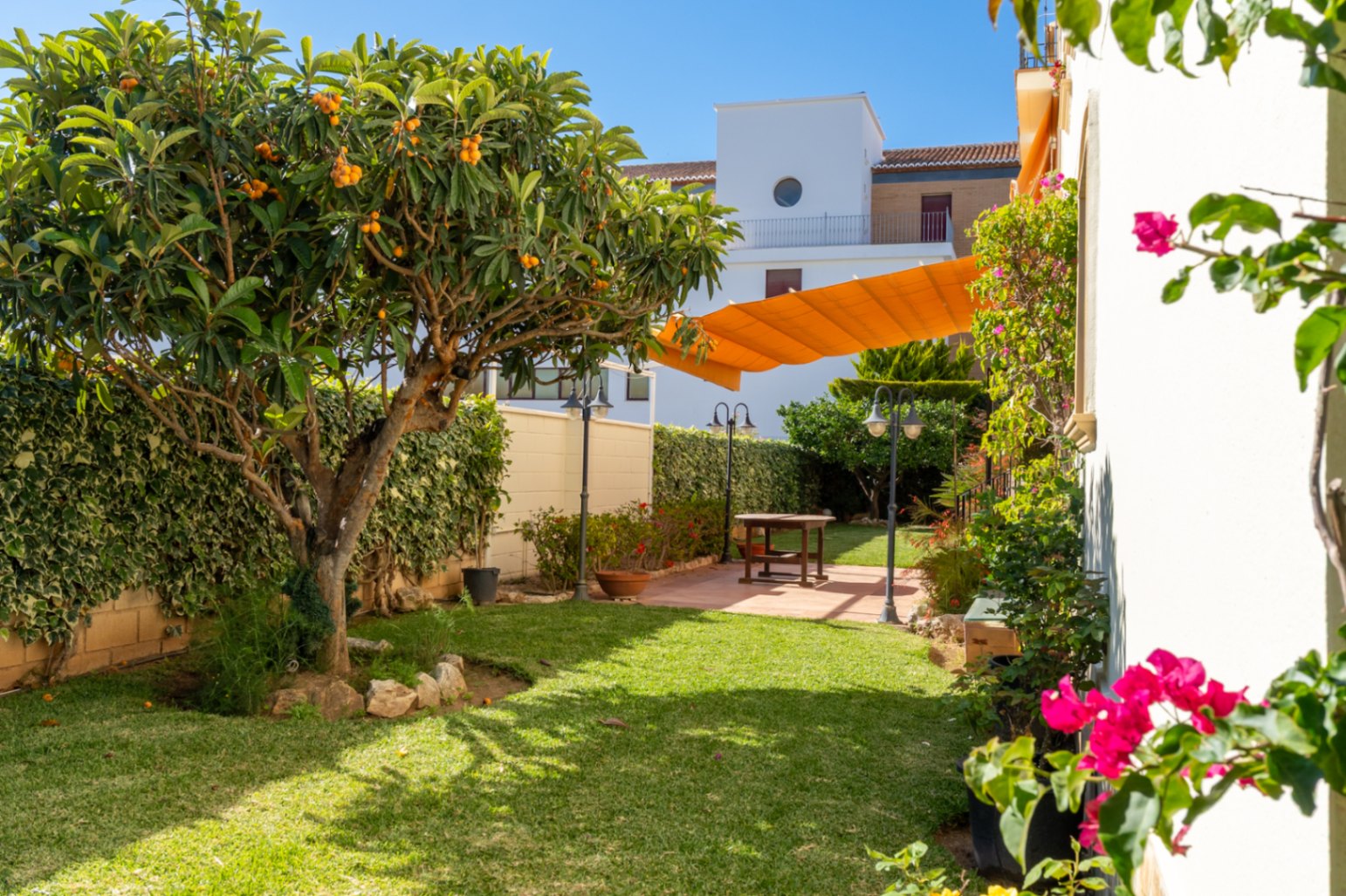 Jardín privado con césped, un níspero frutal y setos verdes. Patio pavimentado con mesa de madera bajo toldo naranja retráctil, complementado con iluminación exterior y bougainvillea rosa.