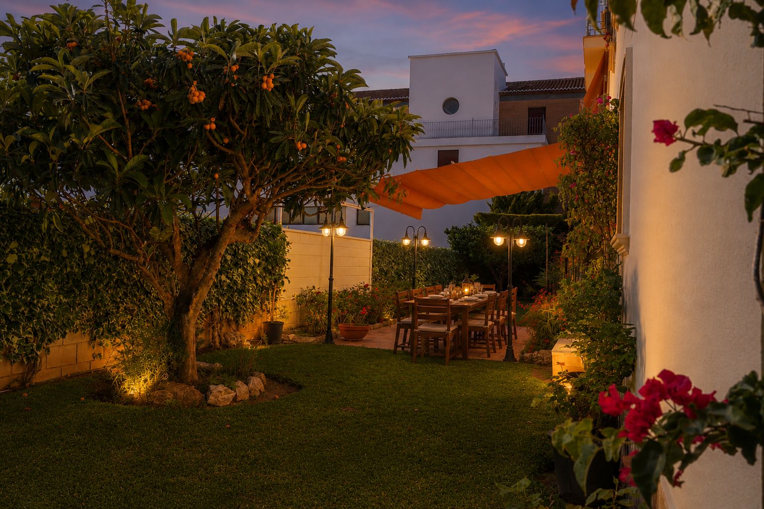 Jardín privado iluminado al anochecer con níspero, mesa de comedor exterior bajo toldo naranja y exuberante vegetación.