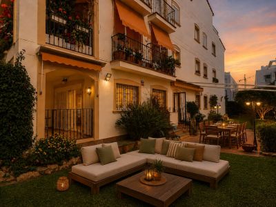 Acogedor jardín privado con zona de estar moderna y comedor exterior en terraza, bajo pérgola, iluminado al atardecer con un cielo vibrante.