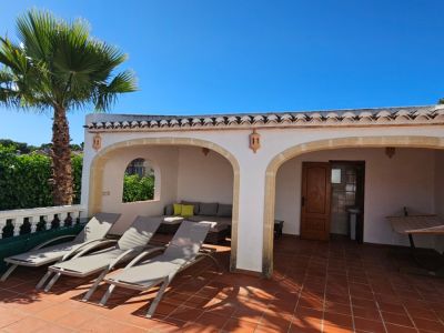 Amplia terraza de piscina con suelo de terracota, tres tumbonas y una naya cubierta con zona de estar y aseo exterior integrado.