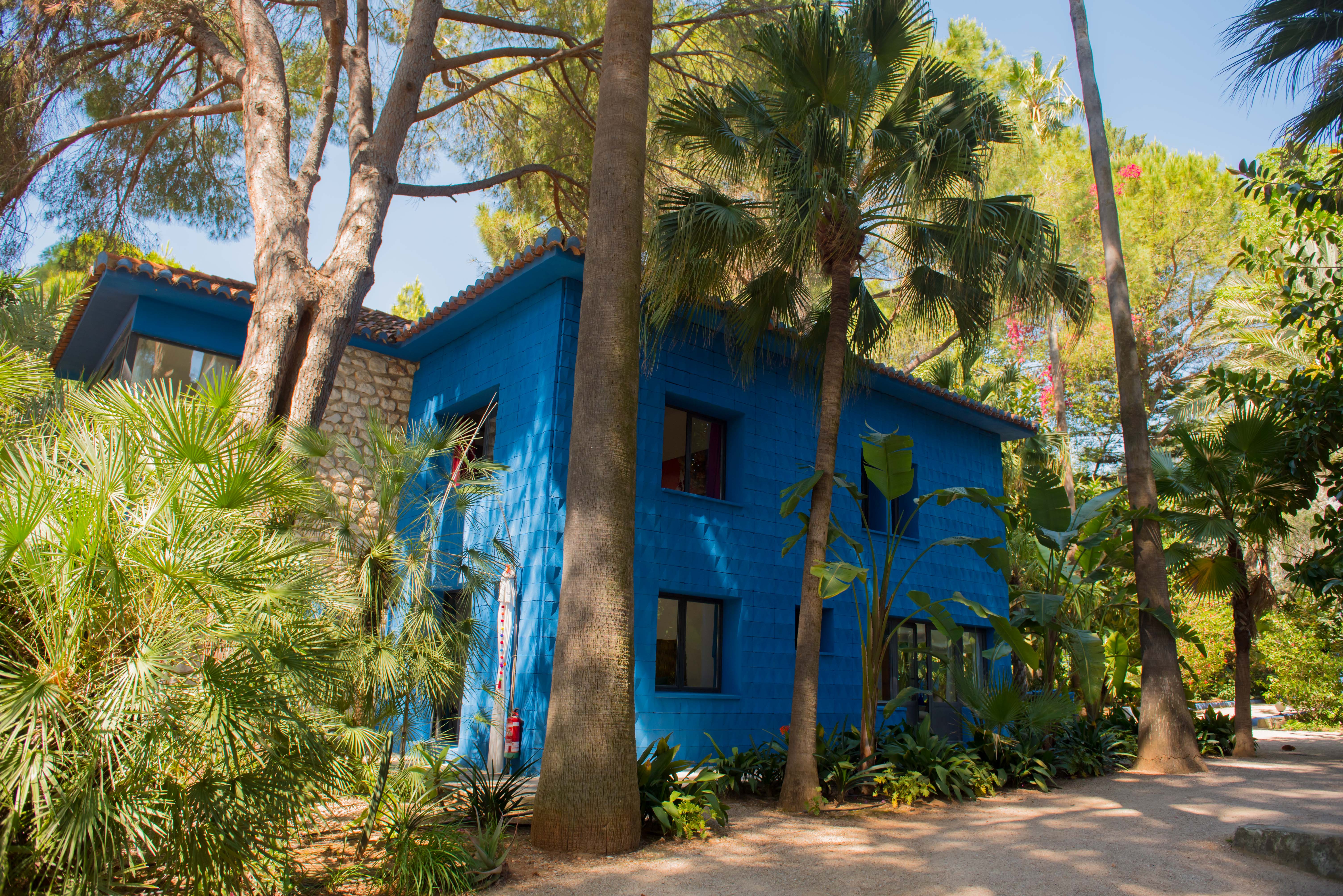 Edificio de dos plantas con vibrante fachada azul texturizada y ventanas oscuras, complementado por una sección de muro de piedra, enmarcado por un exuberante jardín tropical con sendero de grava.