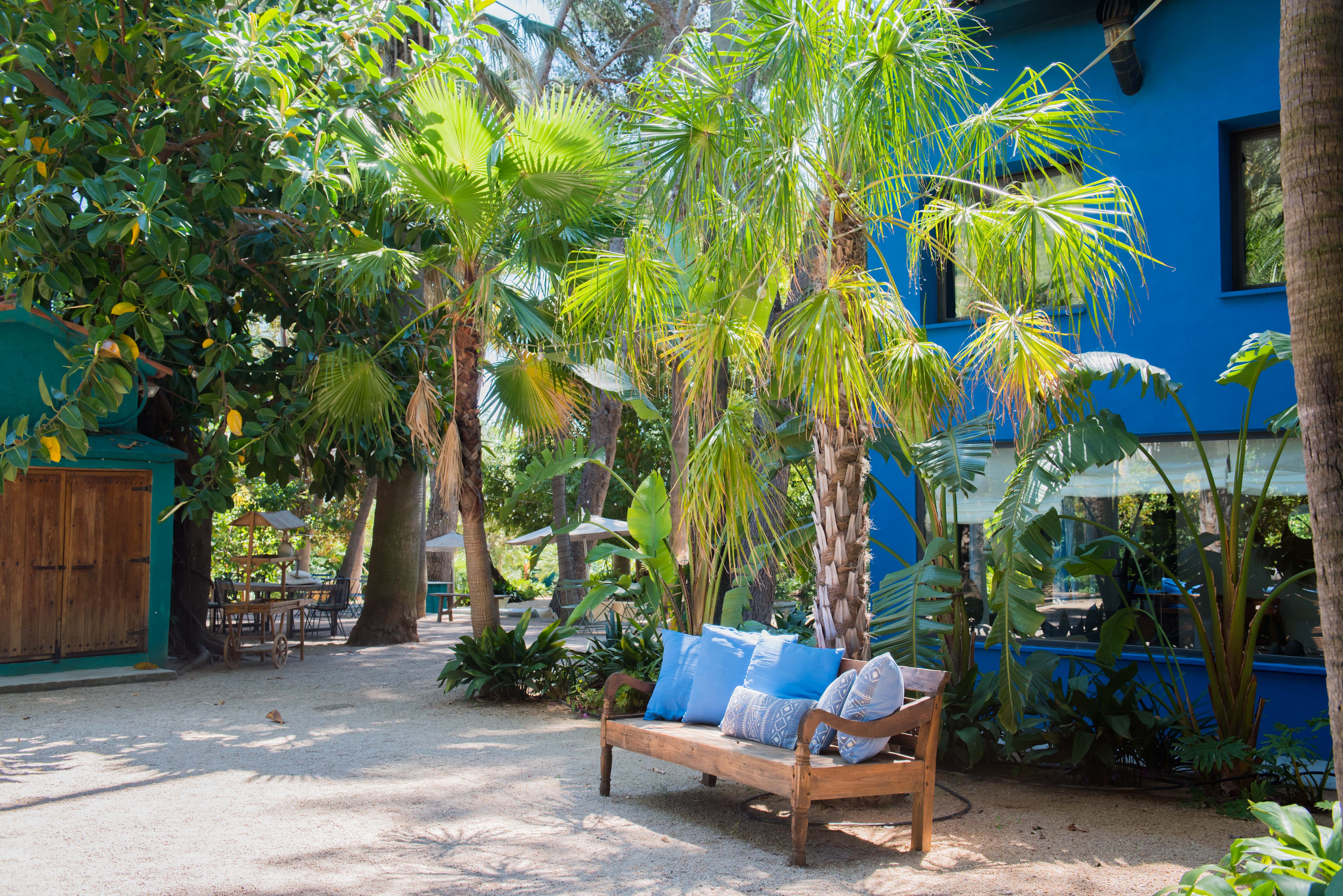 Un banco rústico de madera con cojines azules y estampados invita al descanso en un sendero de grava soleado, rodeado de palmeras tropicales y arquitectura azul vibrante.