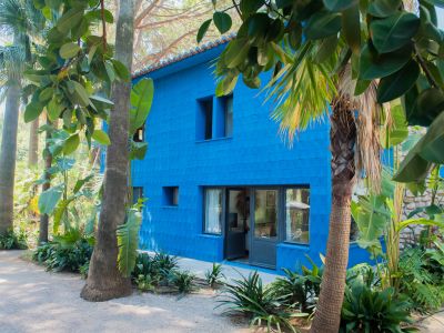 Casa de dos plantas con fachada azul vibrante y textura geométrica, tejado de tejas de terracota, rodeada por un exuberante jardín tropical con palmeras y un sendero de grava.