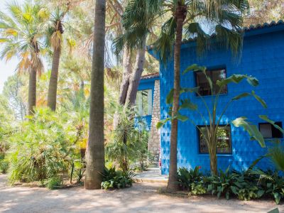 Fachada azul vibrante y texturizada de un edificio, enmarcada por exuberante vegetación tropical. Ventanas oscuras y un techo de tejas de terracota complementan la sección de piedra vista.