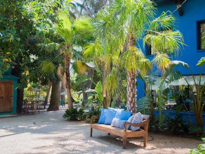 Un banco rústico de madera con cojines azules y estampados invita al descanso en un sendero de grava soleado, rodeado de palmeras tropicales y arquitectura azul vibrante.
