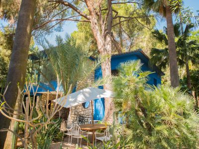 Zona de comedor exterior con mesa de madera y sillas de metal blanco bajo una sombrilla, rodeada de exuberante vegetación tropical. Al fondo, una casa azul vibrante con fachada de piedra.