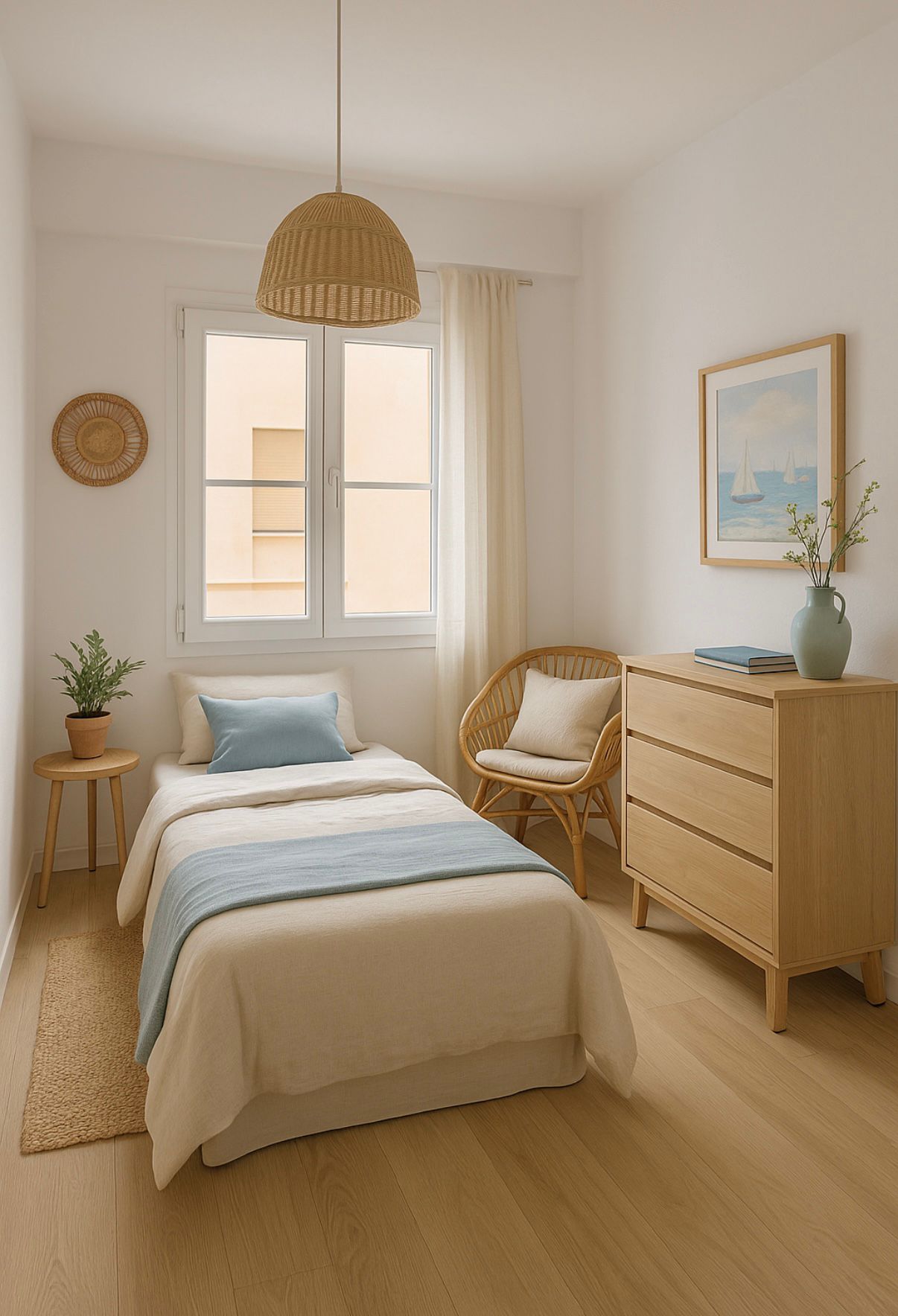 Dormitorio individual con cama en tonos neutros y azul. Destacan el mobiliario de madera clara y ratán, la lámpara colgante de mimbre y la luz natural.