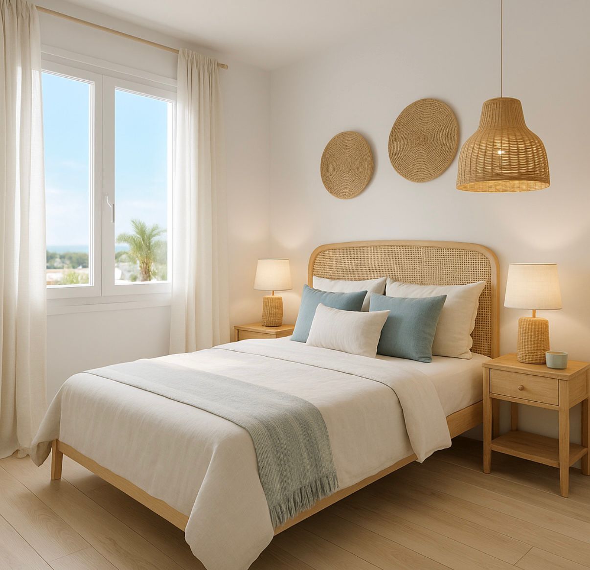 Dormitorio luminoso con cama de madera y cabecero de ratán, mesitas a juego y lámparas. Una ventana grande ofrece vistas a palmeras y al mar, realzando el suelo de madera clara y la decoración costera.