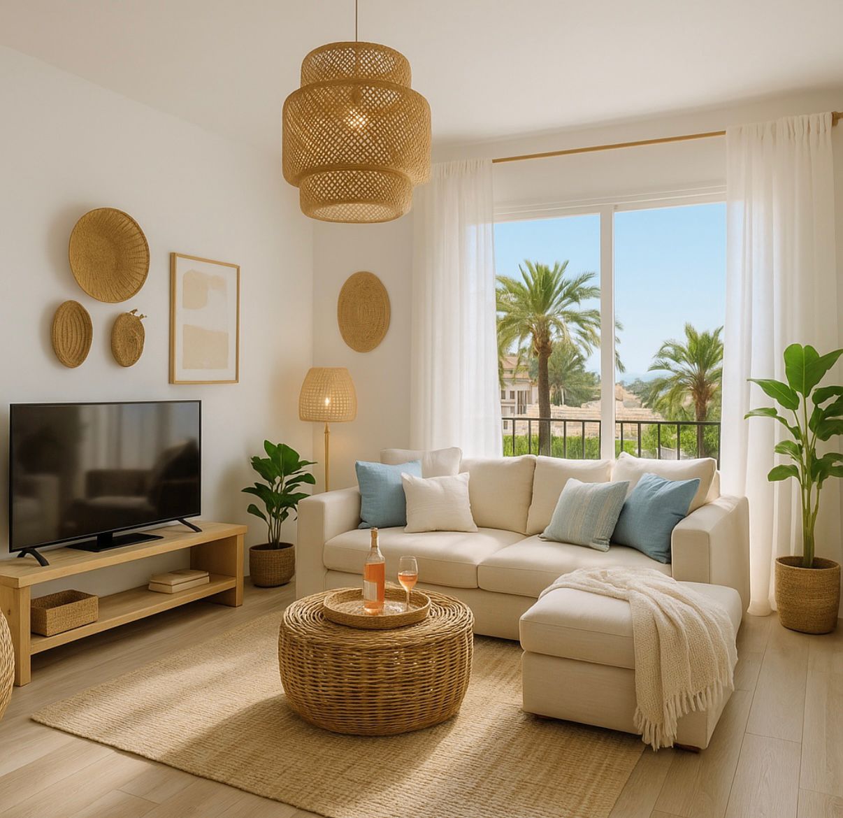 Salón luminoso con sofá claro, mesa de centro de ratán y vistas a palmeras desde el balcón. Destacan lámparas y decoración de fibras naturales.