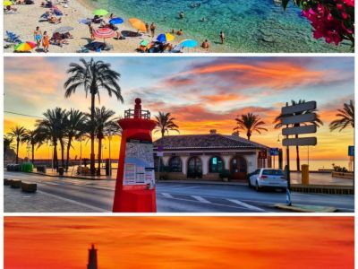Collage que capta la esencia de Jávea: una animada playa de aguas turquesas, un paseo al atardecer con palmeras y un punto de información rojo, y un faro silueteado bajo un cielo anaranjado.