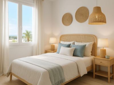 Dormitorio luminoso con cama de madera y cabecero de ratán, mesitas a juego y lámparas. Una ventana grande ofrece vistas a palmeras y al mar, realzando el suelo de madera clara y la decoración costera.