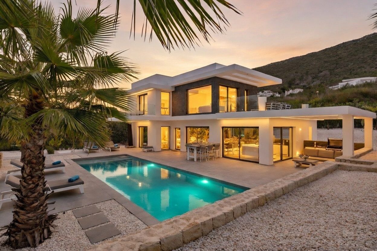 Exterior de villa moderna de dos plantas al atardecer, con piscina rectangular iluminada, comedor y salón exterior cubierto. Grandes ventanales revelan la cálida iluminación interior bajo un cielo dramático.