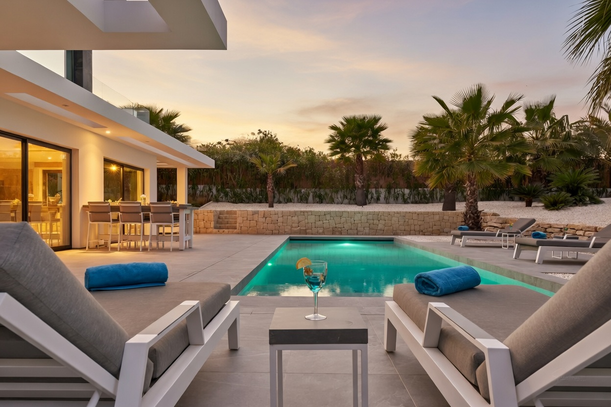 La piscina rectangular iluminada domina una amplia terraza de baldosas, flanqueada por modernas tumbonas y una elegante zona de bar exterior, con palmeras exuberantes al atardecer.