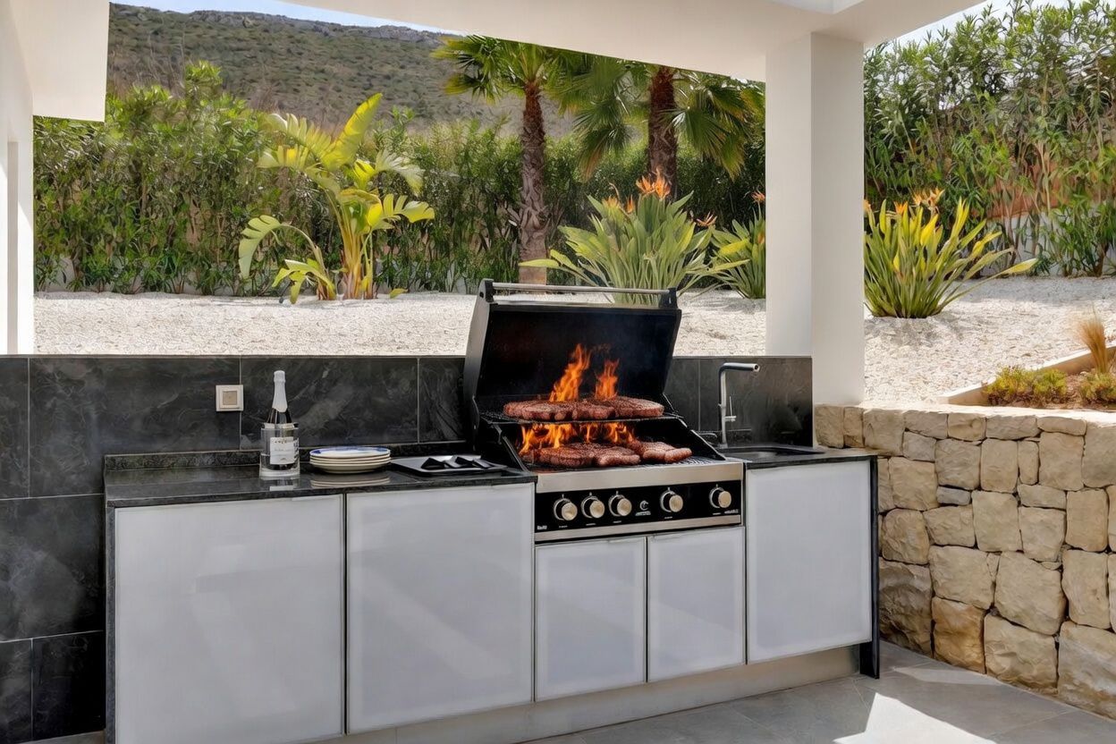 Moderna cocina exterior con barbacoa de gas integrada cocinando alimentos, encimeras de piedra oscura y gabinetes blancos, en un jardín paisajístico con grava y vegetación exuberante.