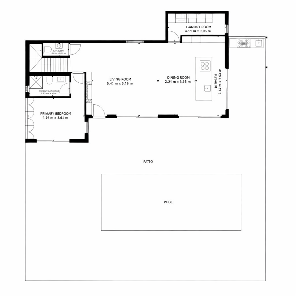 Plano detallado de la planta principal, mostrando una sala de estar, comedor y cocina de concepto abierto, un dormitorio principal con baño privado y un patio exterior con piscina.