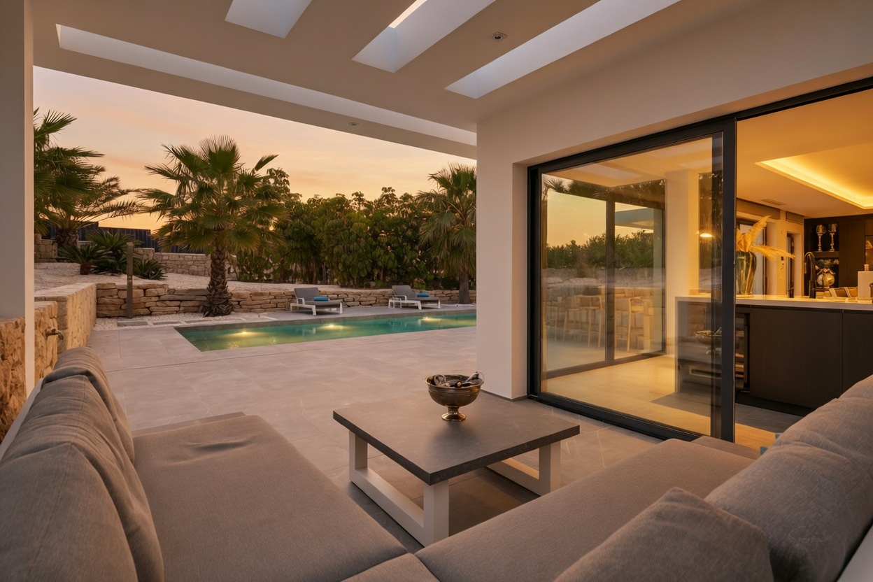 Terraza cubierta con sofá modular y mesa de centro, ofreciendo vistas a la piscina iluminada, palmeras y el cielo del atardecer. Grandes puertas correderas conectan con el interior.