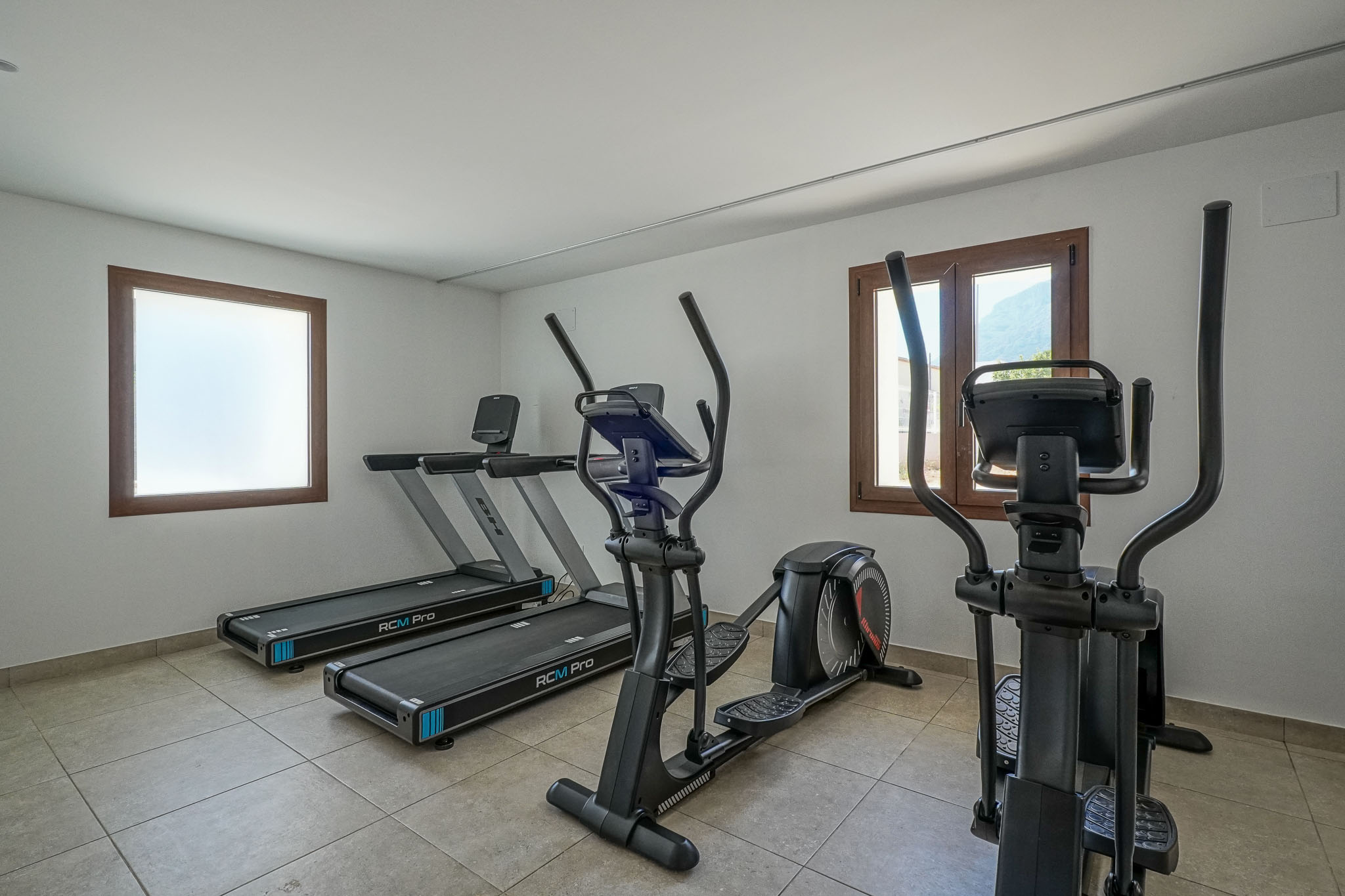 Gimnasio residencial equipado con dos cintas de correr BH RCM Pro y dos elípticas. Cuenta con suelo de gres, paredes blancas y ventanas con marcos de madera, una con vistas a la montaña.
