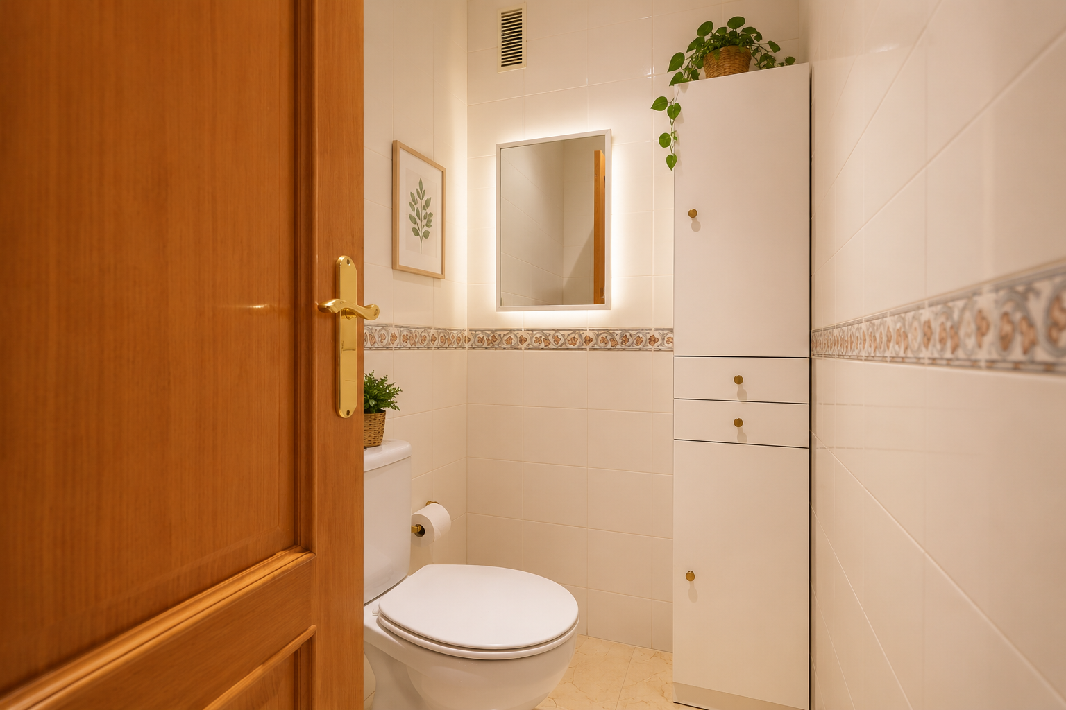Baño funcional con paredes de azulejos crema y cenefa decorativa, inodoro blanco y espejo retroiluminado. Incluye un mueble alto blanco con tiradores dorados y puerta de madera.