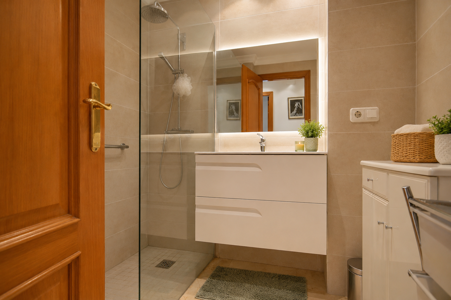 Baño moderno con lavabo flotante blanco y espejo iluminado. Incluye ducha de obra con mampara de cristal, paredes de azulejos beige y suelo de mármol claro.