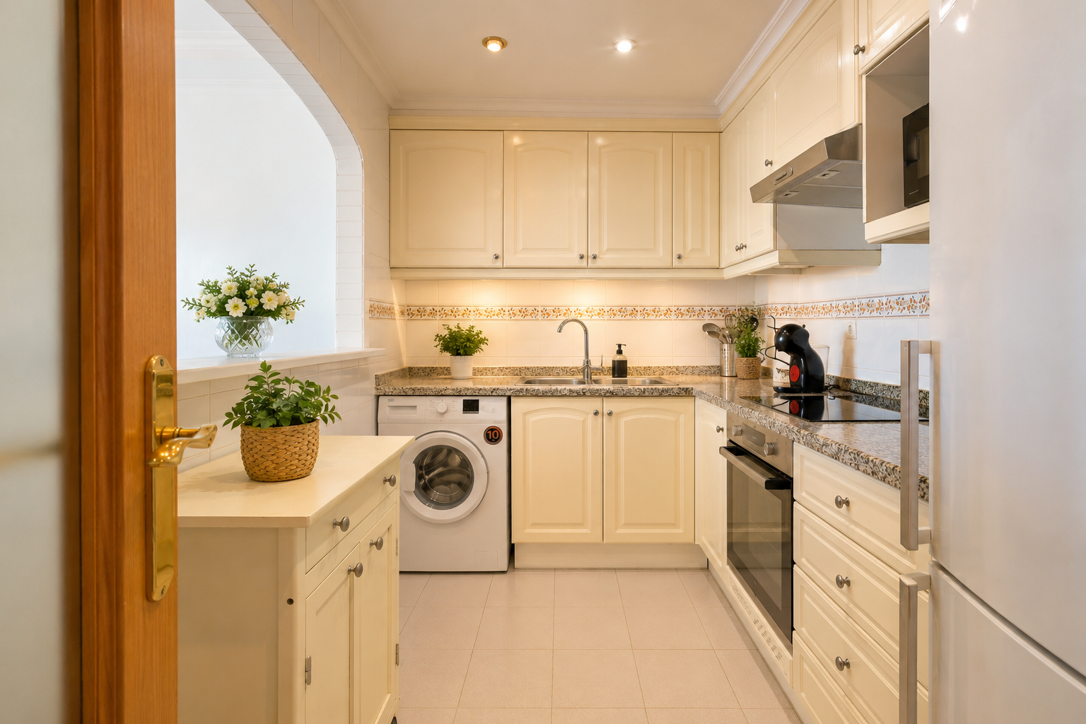 Cocina funcional con armarios crema, encimeras de granito y electrodomésticos integrados. Un pasaplatos arqueado y una puerta de madera añaden carácter al espacio.