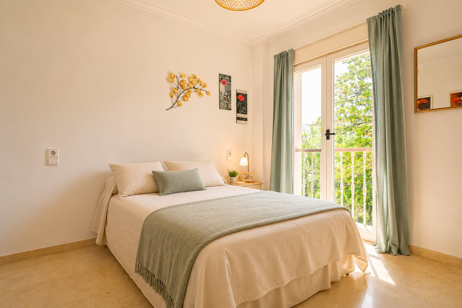 Dormitorio luminoso con cama doble, suelo de mármol claro y acceso directo a balcón con vistas a la vegetación. Cortinas verde menta y detalles decorativos en la pared.