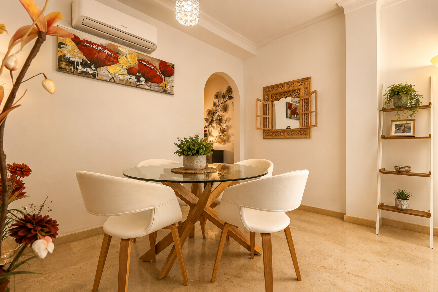 Luminoso comedor con mesa redonda de cristal y base de madera, sillas blancas, suelo de mármol claro y un espejo de madera tallada, complementado por una estantería decorativa.