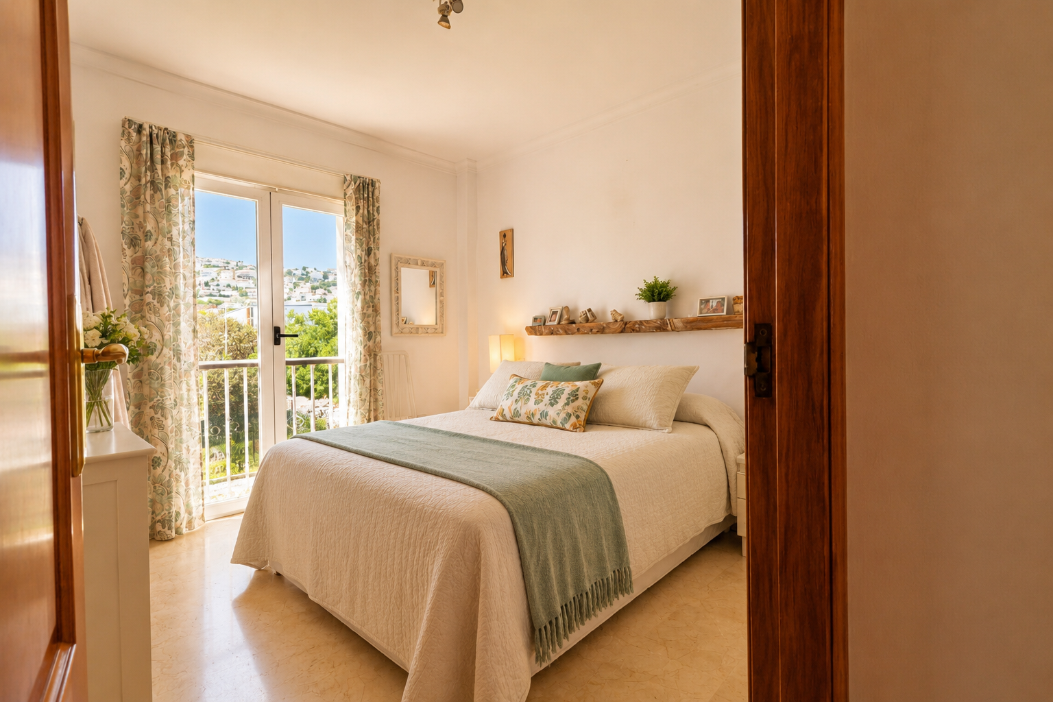 Luminoso dormitorio principal con acceso directo a balcón, ofreciendo vistas al pueblo y al mar. Destaca el suelo de mármol claro y la estantería de madera rústica sobre la cama.