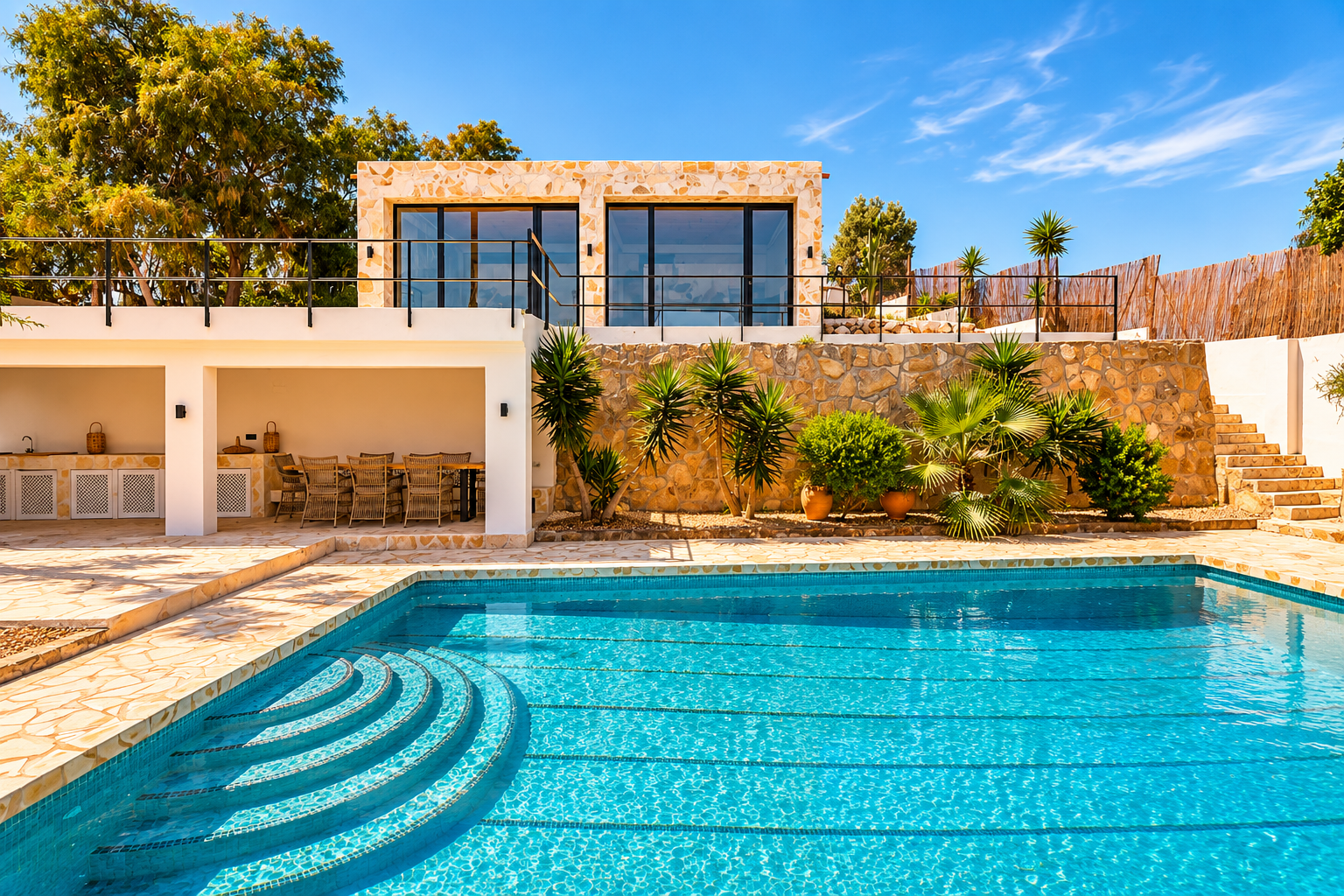 Amplia piscina exterior con escalones curvos, junto a una terraza pavimentada que conecta con un comedor cubierto y cocina exterior. Arriba, edificio de piedra con balcón y puertas de cristal.