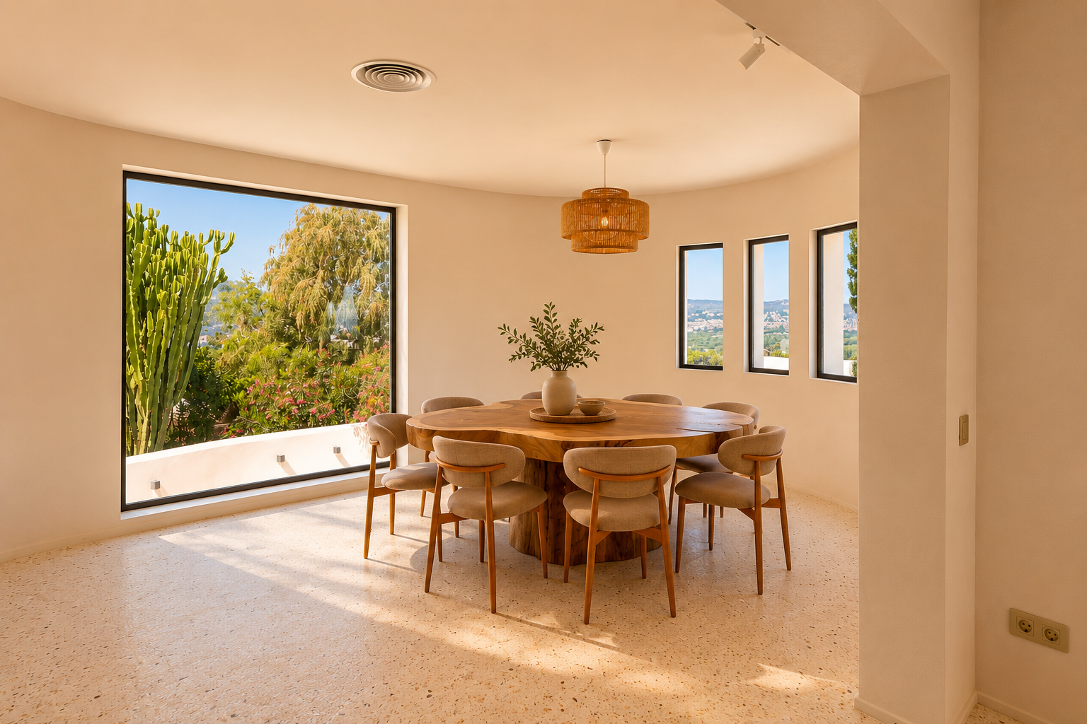 Comedor luminoso con mesa de madera orgánica para ocho personas y suelo de terrazo. Grandes ventanales curvos ofrecen vistas a la vegetación exuberante y al paisaje lejano.