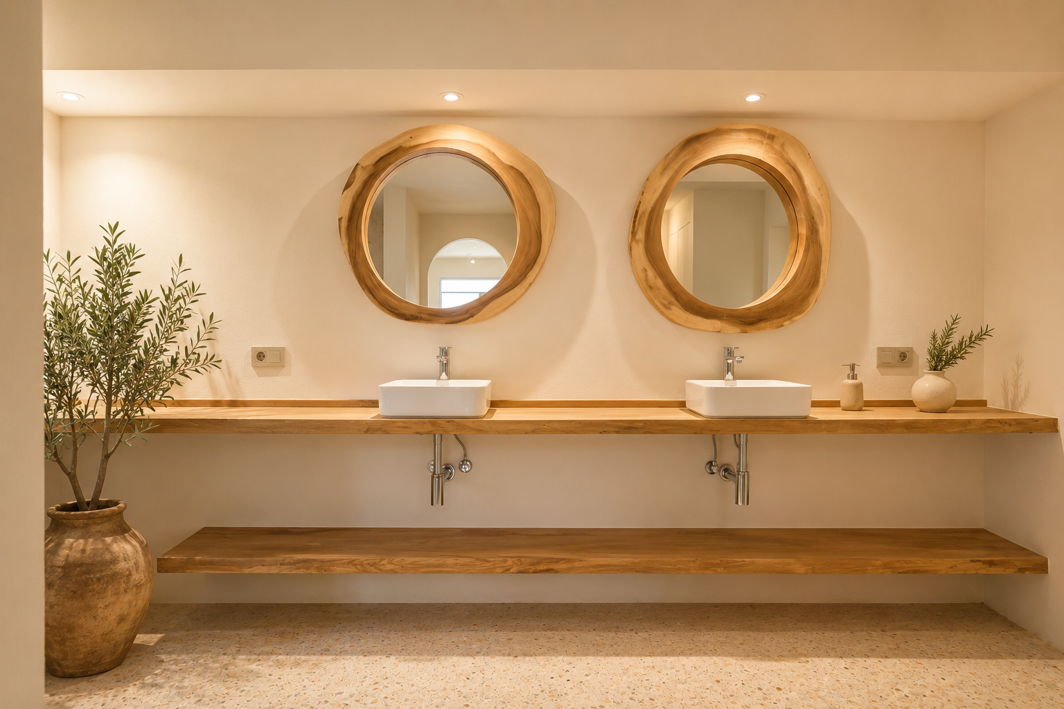 Doble lavabo con espejos de madera orgánica y encimera flotante de madera clara. El diseño se complementa con un olivo en maceta y suelo de terrazo.