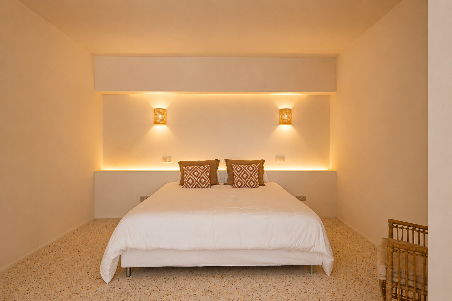 Dormitorio con cama doble, iluminación LED integrada en el cabecero y apliques de pared de rafia. Suelo de terrazo y cojines decorativos.