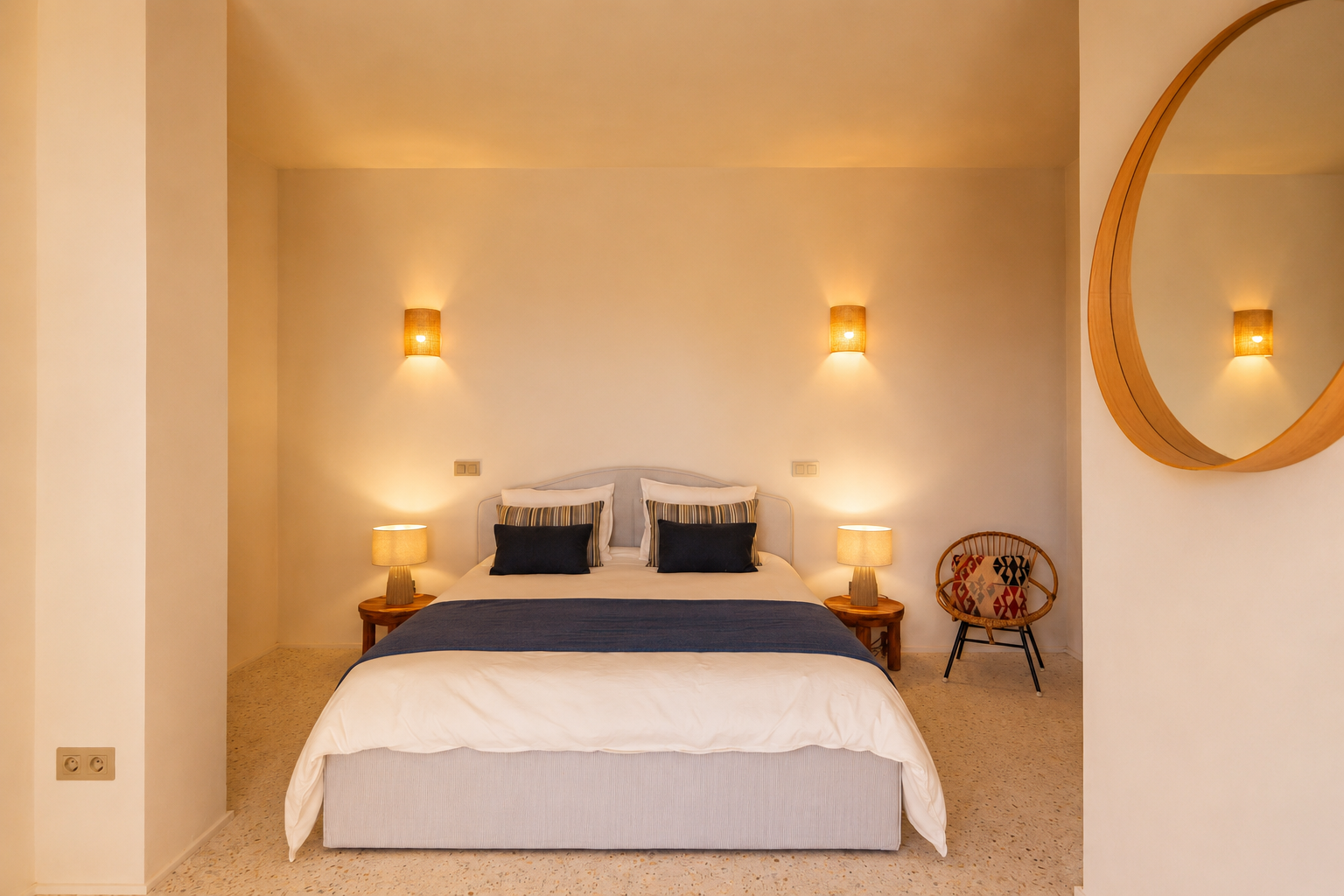 Dormitorio con cama doble, mesitas de noche de madera y lámparas de mesa. Destacan apliques de pared con pantallas de rafia y un espejo redondo de madera. Suelo de terrazo.