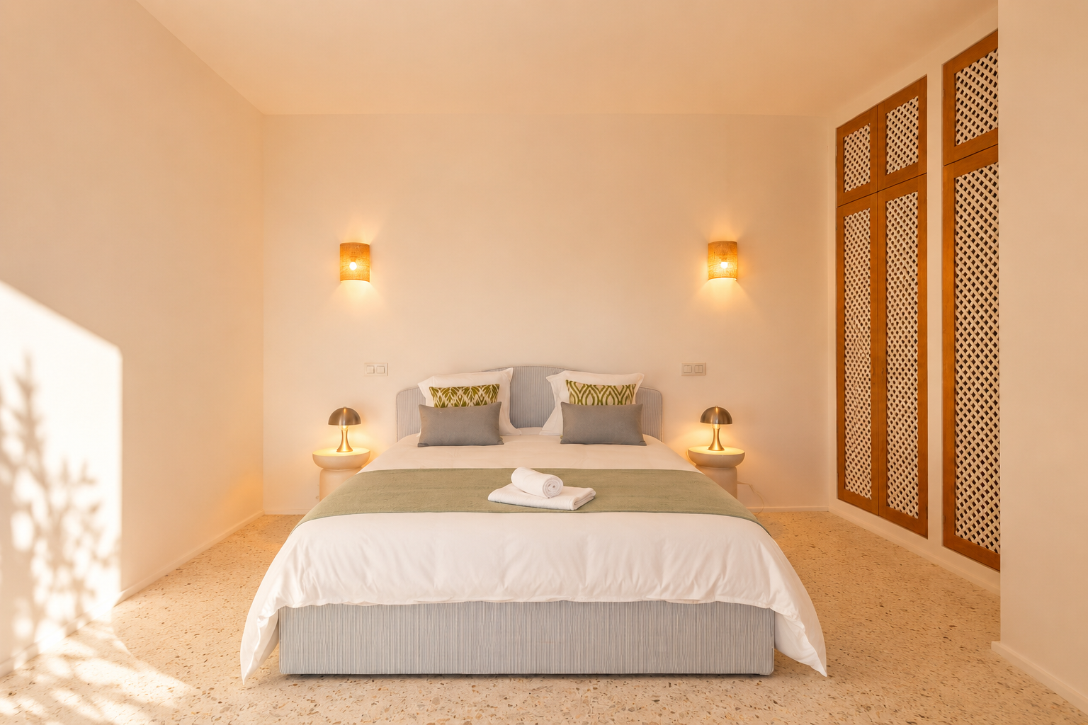 Dormitorio con cama tapizada en azul claro, suelo de terrazo y luz cálida de apliques de pared tejidos. Armario empotrado de madera con celosía a la derecha.