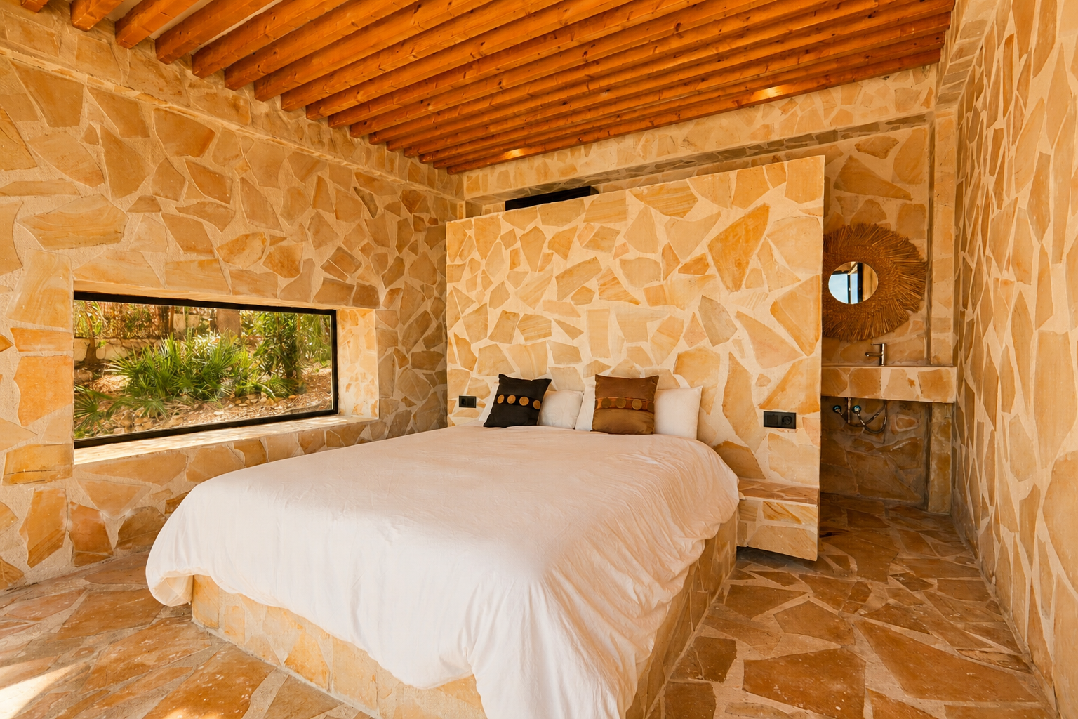 Dormitorio con paredes y suelo de piedra natural irregular, techo de vigas de madera y ventana horizontal con vistas a la vegetación. Incluye un lavabo integrado con espejo de ratán.