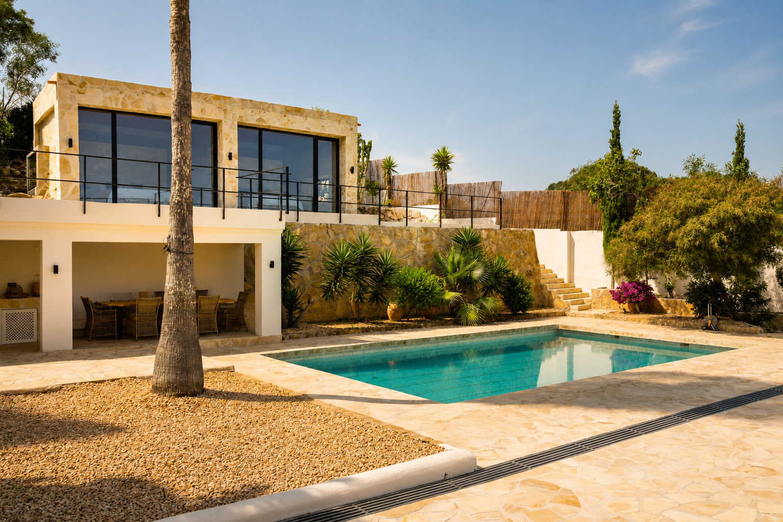 El exterior aterrazado de la villa presenta una piscina rectangular con pavimento de piedra irregular, un comedor exterior cubierto y fachada de piedra con amplios ventanales.