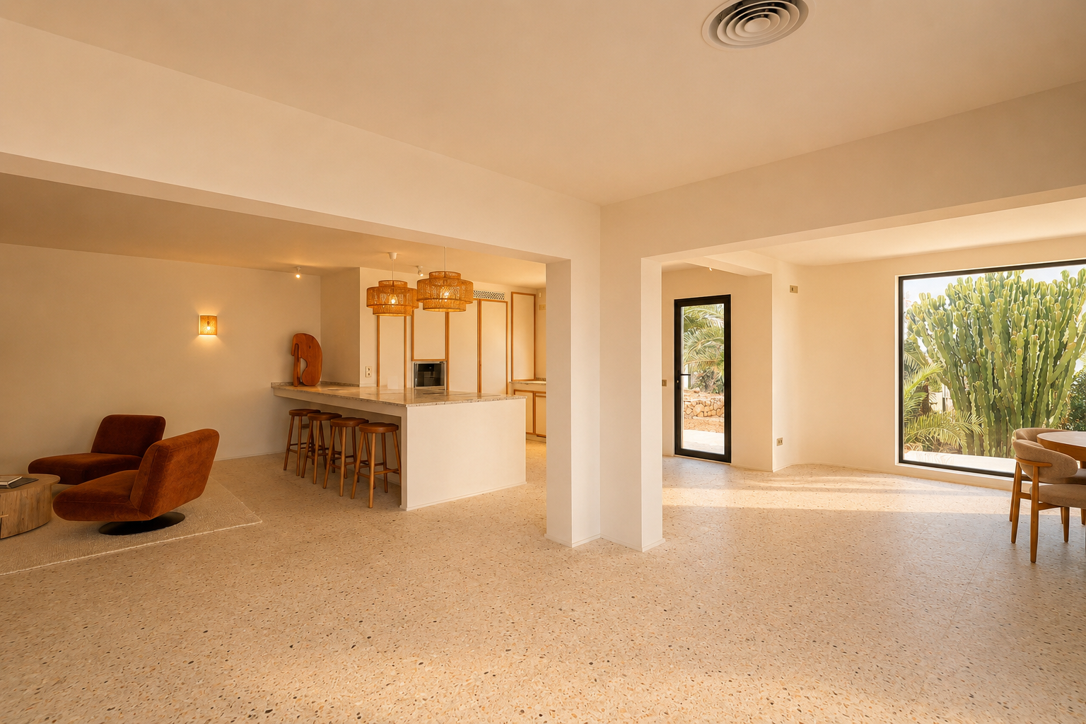 Espacioso salón-comedor de concepto abierto con suelo de terrazo, integrando una cocina con isla y un rincón de estar, iluminado por luz natural y vistas a la exuberante vegetación exterior.