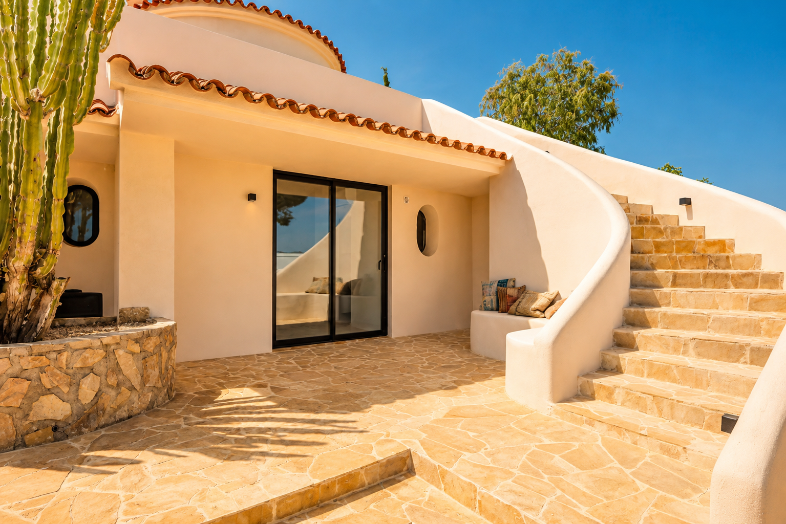 Patio exterior con pavimento de piedra irregular en tonos cálidos, escalera curva y un gran cactus. Incluye puerta corredera de cristal y banco integrado en la pared de estuco.